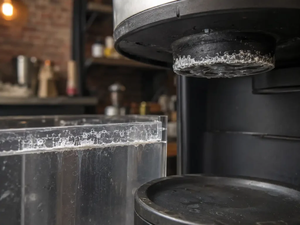 Close-up of limescale build-up around a coffee maker outlet and water reservoir