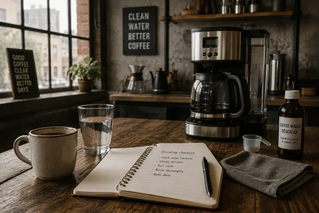Post-industrial coffeehouse workspace with a coffee maker, notebook, mug, and water glass