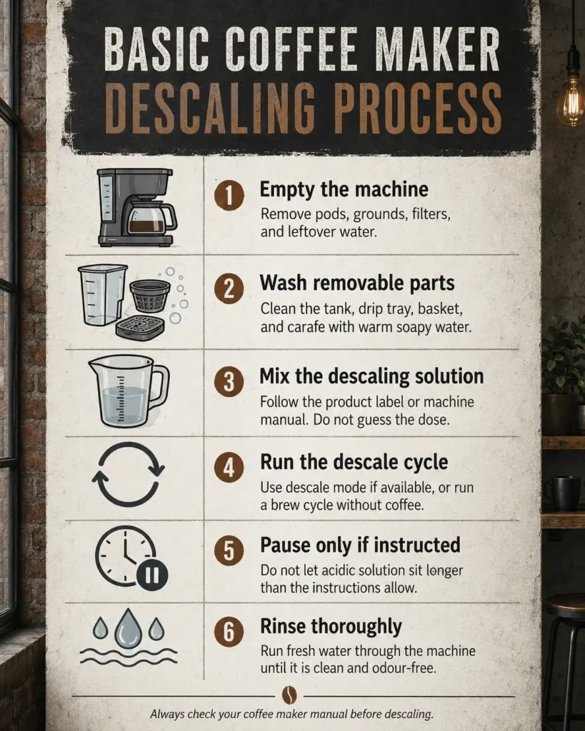 Infographic showing the basic coffee maker descaling process: empty the machine, wash removable parts, mix the descaling solution, run the descale cycle, pause only if instructed, and rinse thoroughly