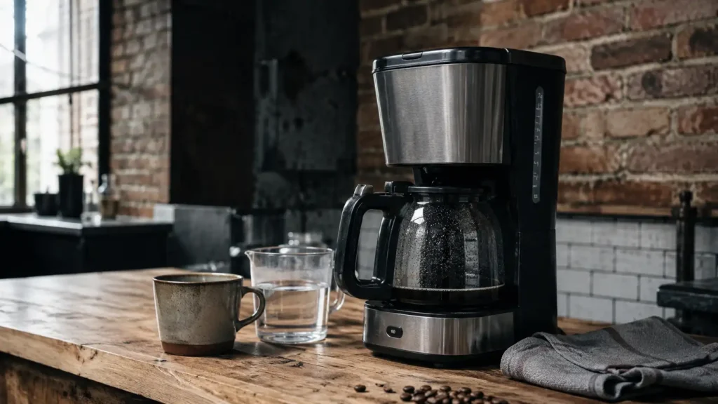 Drip coffee maker on a wooden counter in a post-industrial coffeehouse setting with a mug, water glass, and cleaning cloth