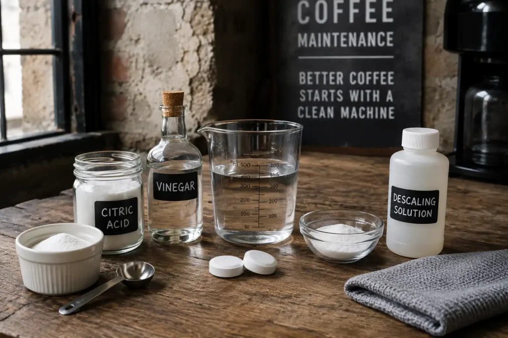 Citric acid, vinegar, water, tablets, and descaling solution arranged on a wooden counter for coffee machine maintenance