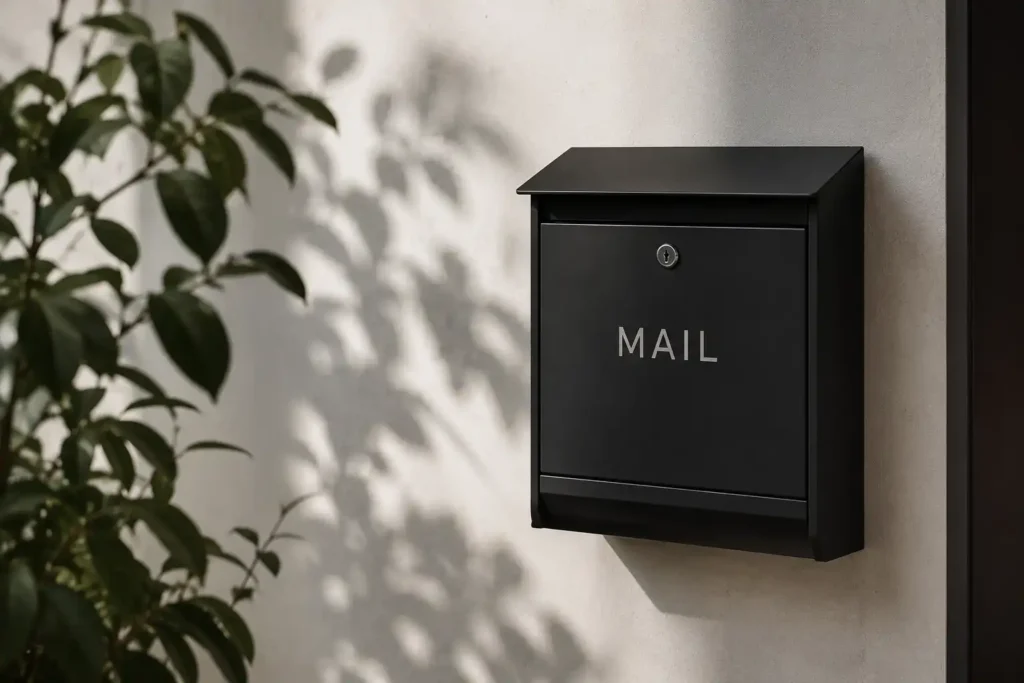 Black wall-mounted mailbox beside a plant on a light wall